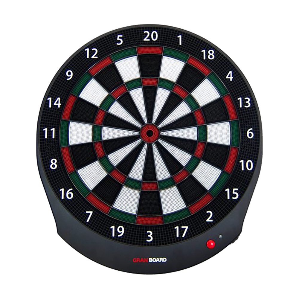 Das Bild zeigt das GranBoard Dash Elektronisches Dartboard. Es ist eine runde Dartscheibe mit farbigen Segmenten und einer digitalen Anzeige unten.